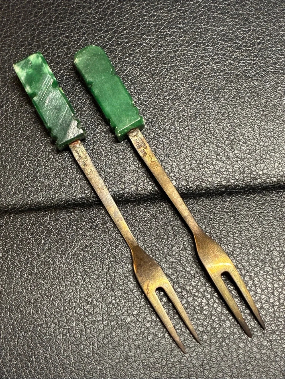 Vintage Mexican Sterling and Jade Cocktail Forks Set of 2